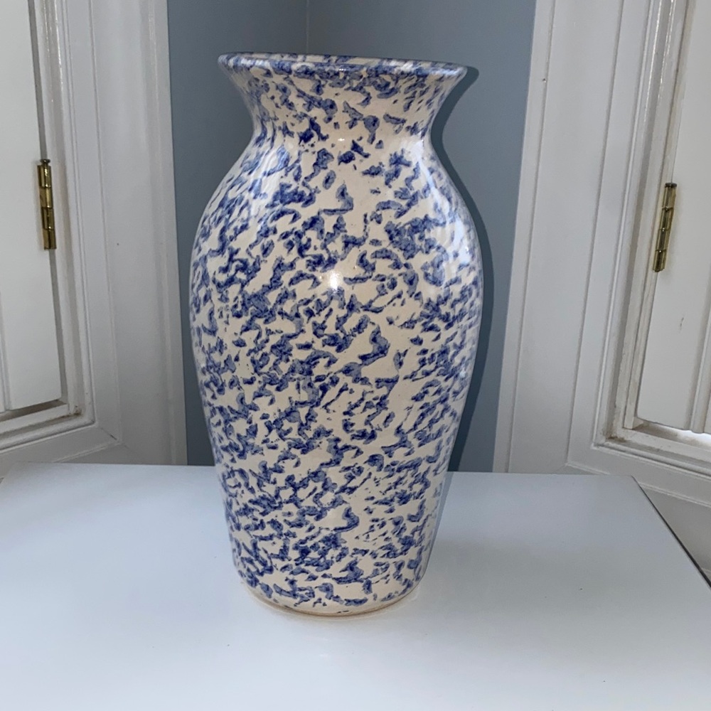 Blue and White Spongeware Hand Painted Vase
